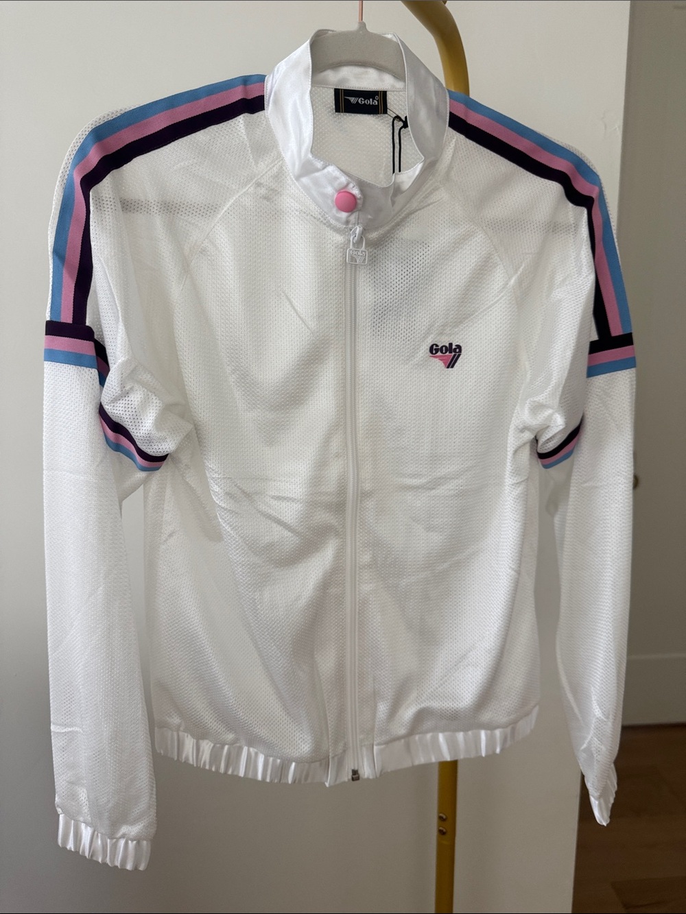 Gola White Bomber Jacket with Pink, Blue & Black Stripe